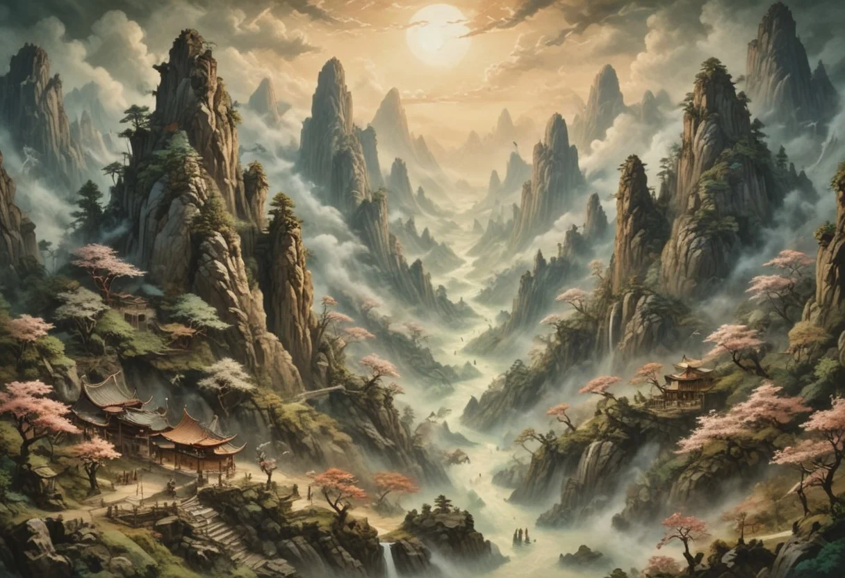 (Ink illustration on parchment, watercolor, ink splashes, Ukiyo-E). ((watercolor)), ((Chinese landscape)), Pagodas, Red-Trees, landscape focus, small figure off-side, Chinese Mountains, Rivers, Clouds, with watercolor washes, (((verdant green landscape))), (((mist, waterfalls))), (((cherry blossom trees))), lush foliage, endless karth mountains that stretch outward to the horizon, a lone woman traversing the landscape!! wearing a bright blue cloak to make the miniscule figure stand out in a landscape dotted with the ruins of an ancient destroyed civilisation, crumbling stone, degraded buildings and temple, a long magical aurora borealis stretching across the sky, a broken moon high in the sky partially turned into an asteroid belt, a Saturn-like ringed-planet world, flickers of magical energy illuminating the land, in the far distance a giant wall of smoke is rising from the shattered earth in which a multitude of faces are forming and screaming, Ink splashes, rough ink sketch, Ghibli style, high contrast, stylized, dark skin, close up on face, head and shoulder, leather medieval top with lowered hood, Art Nouveau Style, detailxl, BadDream, dioramas,