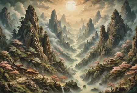 (Ink illustration on parchment, watercolor, ink splashes, Ukiyo-E). ((watercolor)), ((Chinese landscape)), Pagodas, Red-Trees, landscape focus, small figure off-side, Chinese Mountains, Rivers, Clouds, with watercolor washes, (((verdant green landscape))), (((mist, waterfalls))), (((cherry blossom trees))), lush foliage, endless karth mountains that stretch outward to the horizon, a lone woman traversing the landscape!! wearing a bright blue cloak to make the miniscule figure stand out in a landscape dotted with the ruins of an ancient destroyed civilisation, crumbling stone, degraded buildings and temple, a long magical aurora borealis stretching across the sky, a broken moon high in the sky partially turned into an asteroid belt, a Saturn-like ringed-planet world, flickers of magical energy illuminating the land, in the far distance a giant wall of smoke is rising from the shattered earth in which a multitude of faces are forming and screaming, Ink splashes, rough ink sketch, Ghibli style, high contrast, stylized, dark skin, close up on face, head and shoulder, leather medieval top with lowered hood, Art Nouveau Style, detailxl, BadDream, dioramas,