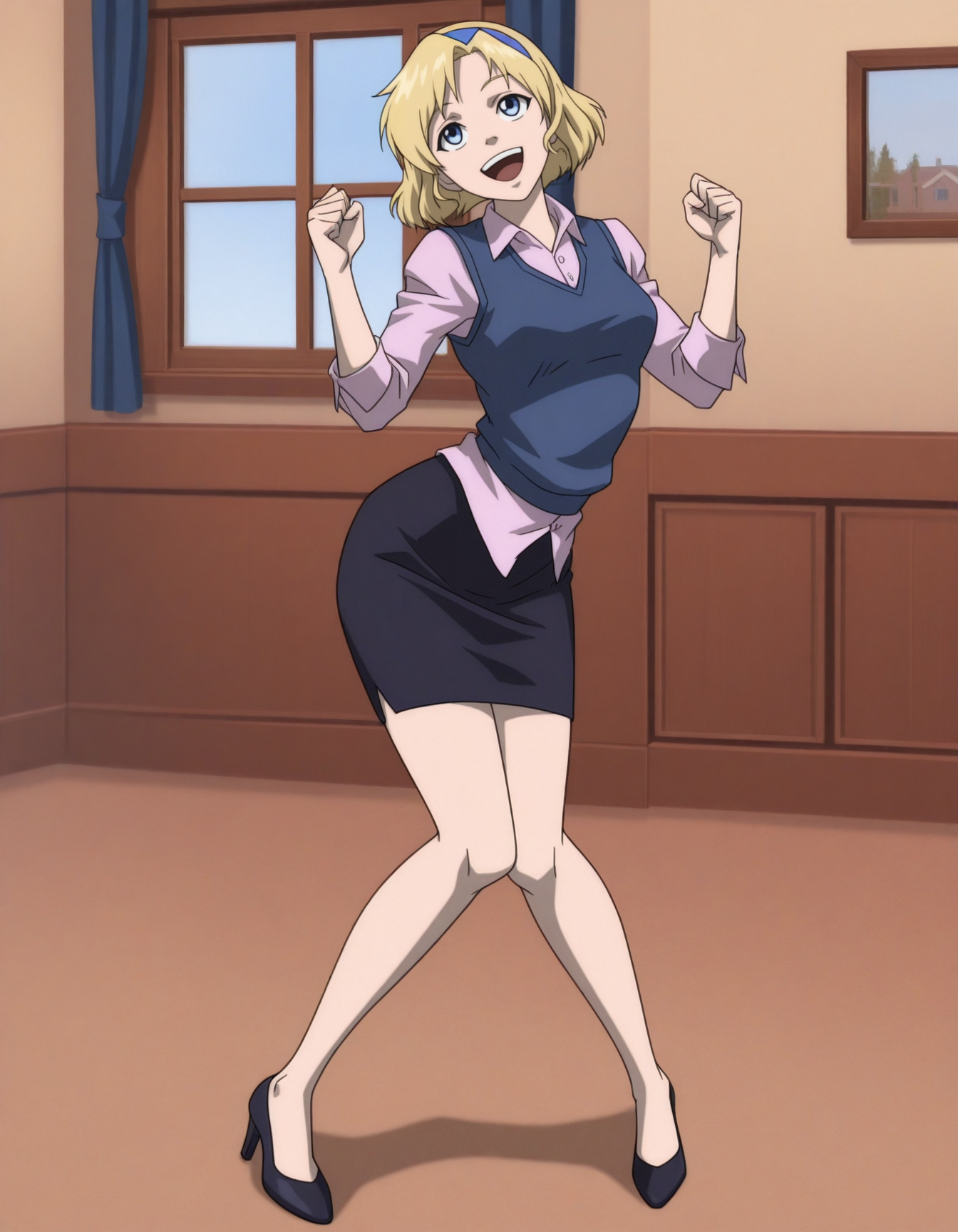 detailed, masterpiece, best quality, 
hairband, collared shirt, vest, pencil skirt, high heels, 
indoors, 
1girl, solo, 
xsarahx, blonde hair, short hair, blue eyes, <lora:tb-sarahdubois:1>,