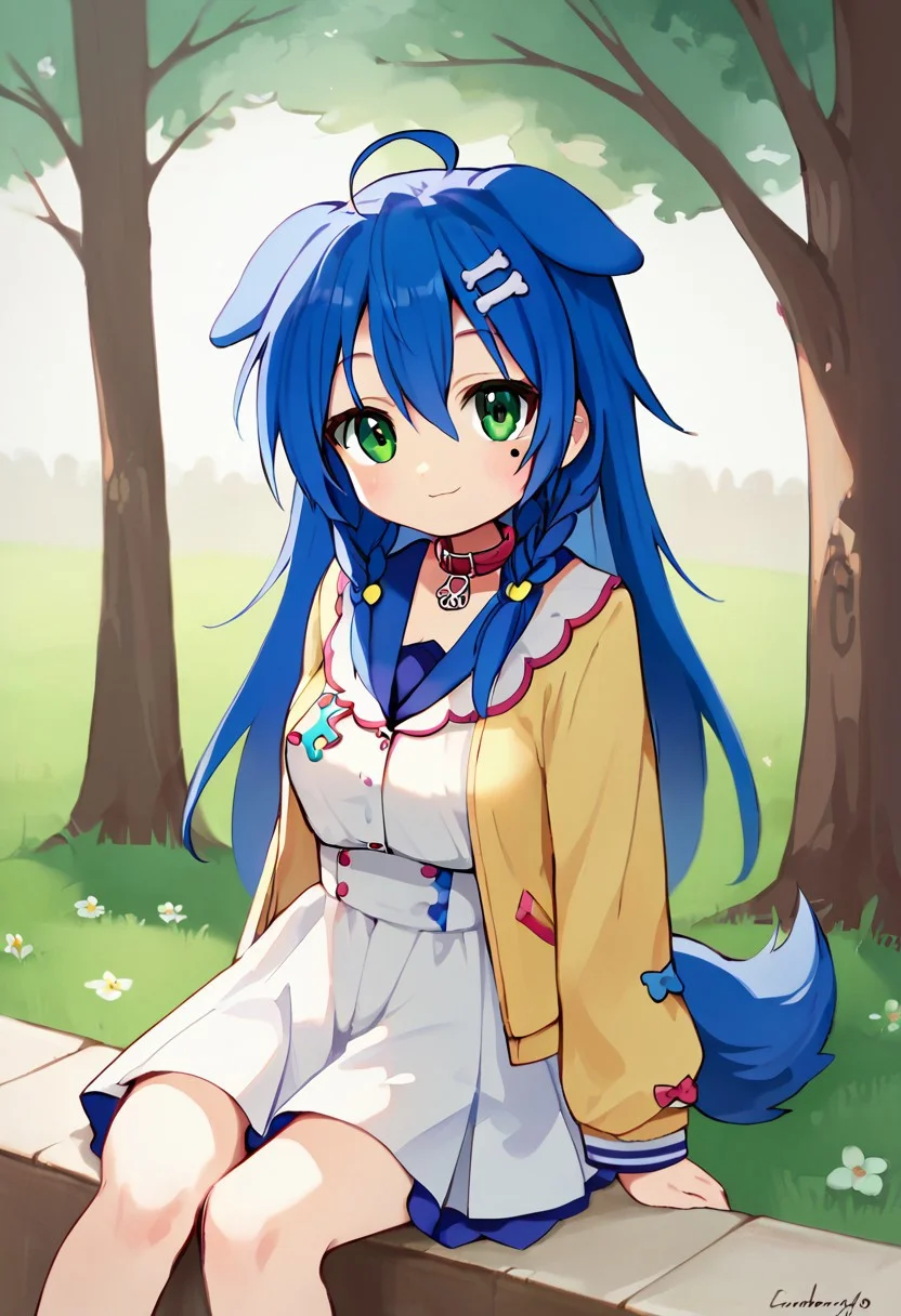 score_9, score_8_up, score_7_up,source_anime, masterpiece, ultra detailed, highres, 4k, best quality, BREAK, <lora:konata:0.7> Konata Izumi, solo, long hair, ahoge, mole, glossy hair, smooth hair, shiny hair, korone_base, yellow jacket, white dress, off shoulder, animal collar, low twin braids, bone hair ornament, dog tail, :\3, dark blue hair, outstanding, countershading, detailed soft lighting, backlighting, green eyes, looking at viewer, ultra detailed eyes, cowboy shot, park, tree, grass, dutch angle, sitting,