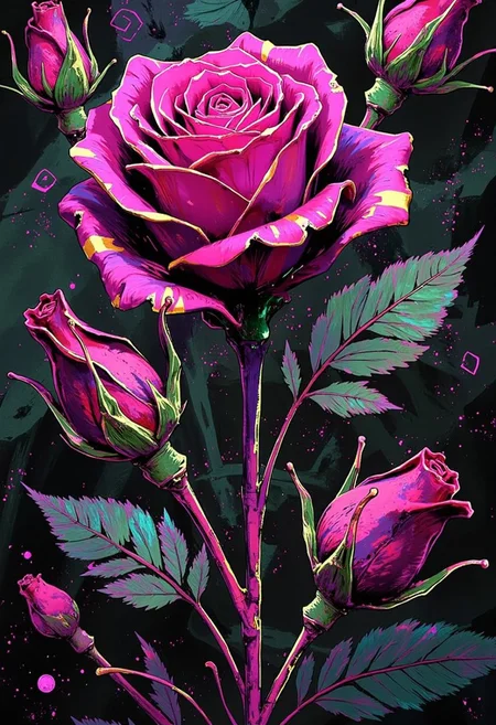 Hybrid rose,flower,highly detailed,gold,silver, bo-neon, ArcaneFGTNR