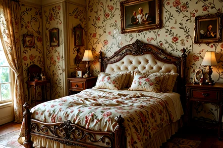 <lora:pytorch_lora_weights_361535:1>,(no humans:1.2),(no animals:1.2),A amateur street photography of a Elegant French Bedroom, a refined and elegant bedroom with a wrought-iron bed frame, soft pastel bedding, and vintage French-style furniture. The room features delicate floral wallpaper, ornate mirrors, and soft lighting for a timeless, romantic feel.,, Masterpiece,best quality,realistic,HDR, 8K, masterpiece, best_quality, absurdres, ultra-detailed, highly_aesthetic, depth_of_field