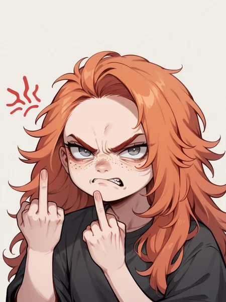 score_9, score_8_up, score_7_up, score_6_up, <lora:3m0t3XLP:1>3m0t3, ginger hair, middle finger, angry, grumpy, 1girl, freckles, grey eyes, long hair, Fr3ckles, <lora:Fr3ckledXLP:0.2>