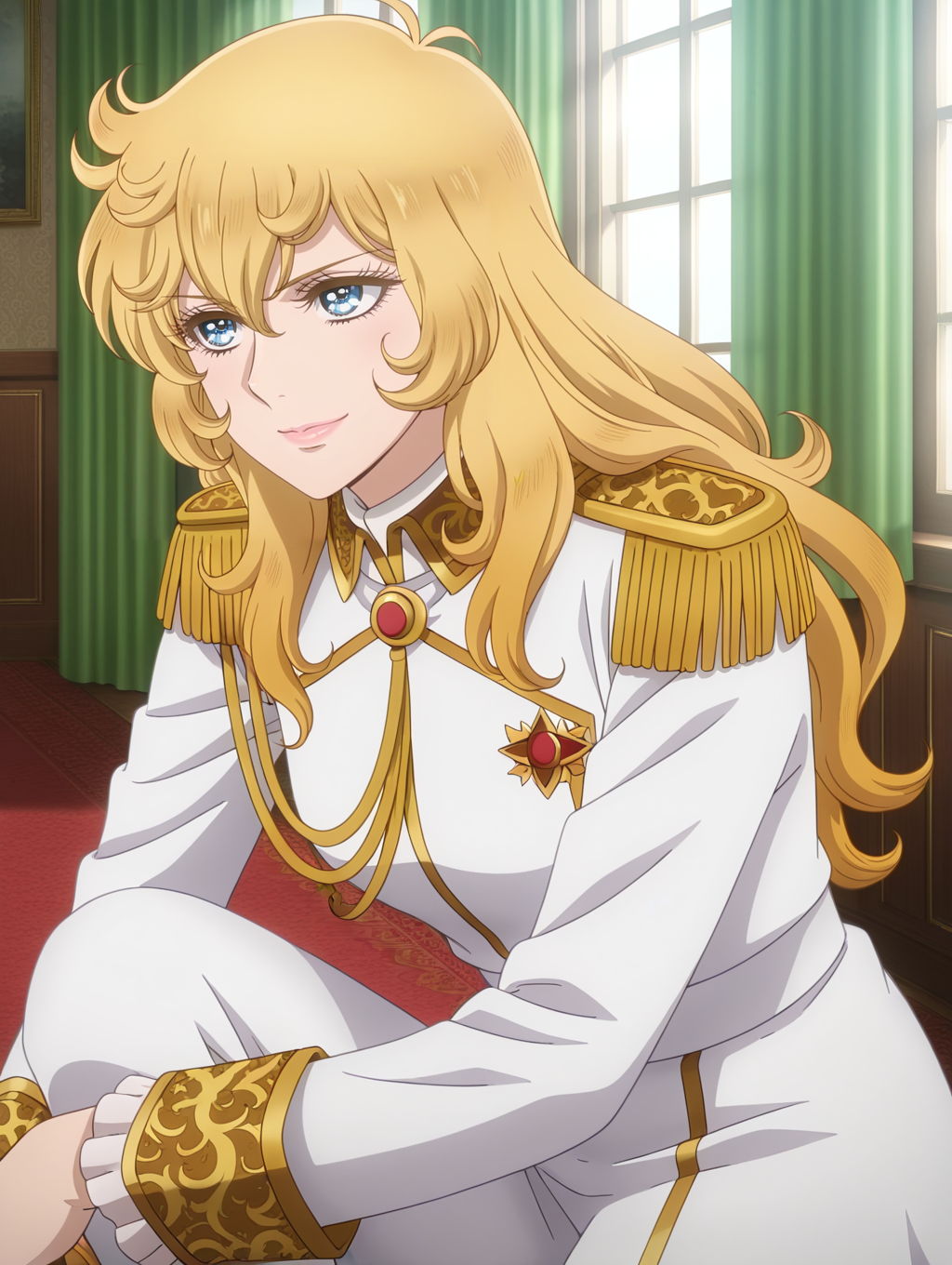 1girl, oscar francois de jarjayes, solo, white military uniform, smile, official alternate costume, window, official tv style, on one knee, upper body, indoors, parody, green curtains, lips, anime coloring, white coat,
masterpiece,best quality,amazing quality,very aesthetic,absurdres,newest,<lora:oscar_francois_de_jarjayes illusXL v1:0.72>,