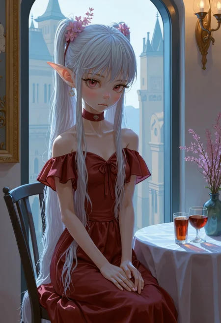 SWMS, elf sorcerer girl, snowy white hair cascading down her back, Dimly lit neon eyes, pale white skin, (sleek skintight elven outfit), (voluminous cloak), sharp narrow jaw, ((Full Body)), crystal crown, ((Detailed fantasy elven city background)), ((glyphs, runes, glowing)), sitting at cafe bar, turned around, looking back, detailed drawing <lora:FLUX - SWMSF - Styles for FLUX ( detailed drawing, swms ):1> <lora:FLUX - Surreal_Photo (Glitter):0.6>