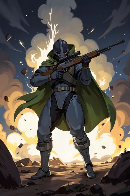 The central figure is a soldier dressed in a futuristic, militaristic outfit. The soldier is wearing a dark, high-collared helmet with a visor that conceals their face, giving them an air of mystery. They are equipped with a long, sleek rifle held firmly in both hands, aimed forward. Their uniform consists of a blue-gray jumpsuit with matching gloves and boots, and they wear a green cape that billows behind them, suggesting motion.The background depicts a chaotic battlefield scene with an intense explosion at the center. The explosion is vivid, with bright white and yellow hues, surrounded by dark, smoky clouds. Shrapnel and debris are flying through the air, adding to the sense of action and urgency. The sky is dark, with a few scattered stars visible, indicating either dawn or dusk.The soldier is positioned in the foreground, slightly to the right, facing forward with a determined expression. The explosion and debris create a dynamic, turbulent environment, enhancing the dramatic tension of the scene. The overall color palette is dominated by dark blues, grays, and the bright, fiery colors of the explosion.<lora:XRSTYLE_FLUX:0.7><lora:RetroAnimeFluxV1:0.4><lora:MoriiMee_Gothic_Niji_Style_FLUX:0.3>