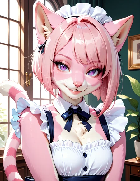 masterpiece, best quality, very aesthetic, absurdres,
indoors, maid,
upper body, posing,
seductive smile, parted lips, long eyelashes,
<lora:CiviChan_v01_NAIXL:1>
CiviChan,1girl,solo,furry,furry female,cat girl,cat ears,short hair,pink hair,purple eyes,slit pupils,snout,animal nose,whiskers,body fur,striped tail,