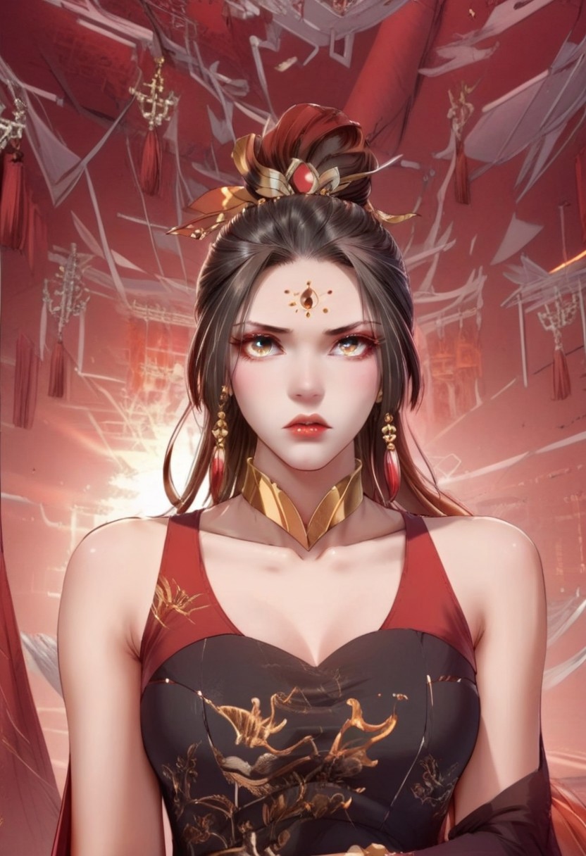 realistic, red and gold accents,  high-slit,  sleeveless, arm-length black gloves with gold trim,  thigh-high black stockings with ornate golden details, golden choker necklace, red gemstone earrings, hair tied up with a silver bow accessory, wuxia and fantasy, ancient china, Peacock, detail face, detail hand