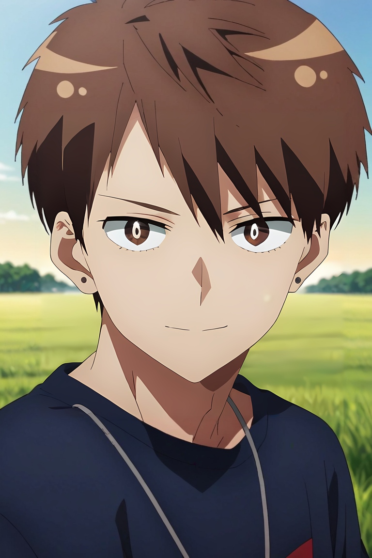 score_9, score_8_up, score_7_up, source_anime, rating_safe, , anime screencap, anime coloring, official style, looking at viewer, , 1boy, solo, male focus, <lora:ryuuya_romantic_killer_pony:0.96>, ryuuya_romantic_killer, brown hair, brown eyes, short hair, straight-on, field, dusk, dynamic pose, laughing, , <lora:sdxl_lightning_8step_lora:1>