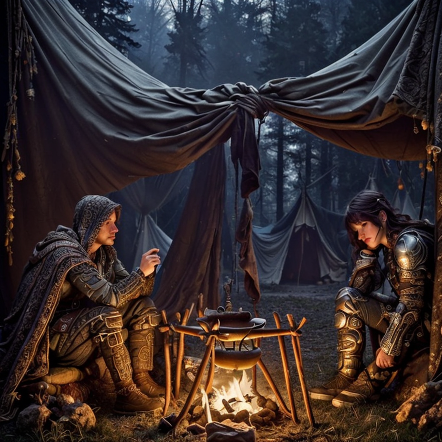 RAW photo, (masterpiece:1.3), subsurface scattering, heavy shadow, (high quality:1.4), (intricate, high detail:1.2), professional photography, HDR, High Dynamic Range, realistic, ultra realistic, photorealistic, high resolution, film photography, ambient lighting, atmospheric effects, <lora:detail_slider_v4:2>, OverallDetail,  <lora:Campsite:1>, campsite, fire, night, sitting, the, time, with, tent, epiCPhoto