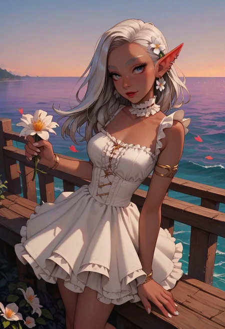 score_9_up, score_8_up, score_7_up, score_6_up, 1girl, 25 years old, perfect face, cute, petite,
grey eyes,
thick eyebrows, thick eyelashes, white eyelashes,
white hair, long hair, hair ornament, hair flower, earings, flower earrings, ear piercing, lace choker,
dark elf, (dark skin), red lips,
white dress, short dress, layered dress, frilled dress, frills,
bracelet, armlet, white nails,
standing,
flowers, holding flowers,
sea, pier