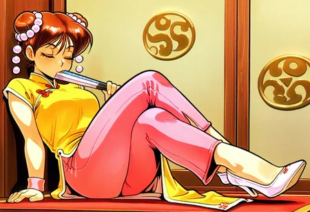 masterpiece, best quality, amazing quality, very aesthetic, absurdres, newest,larffl3,1girl, double bun, hair pearls, short brown hair, yellow china dress, single pink wristband brown eyes, pink pants, white pumps, close up, eyes closed, sat down, legs crossed, taoism symbol,  ((holding chinese fan))