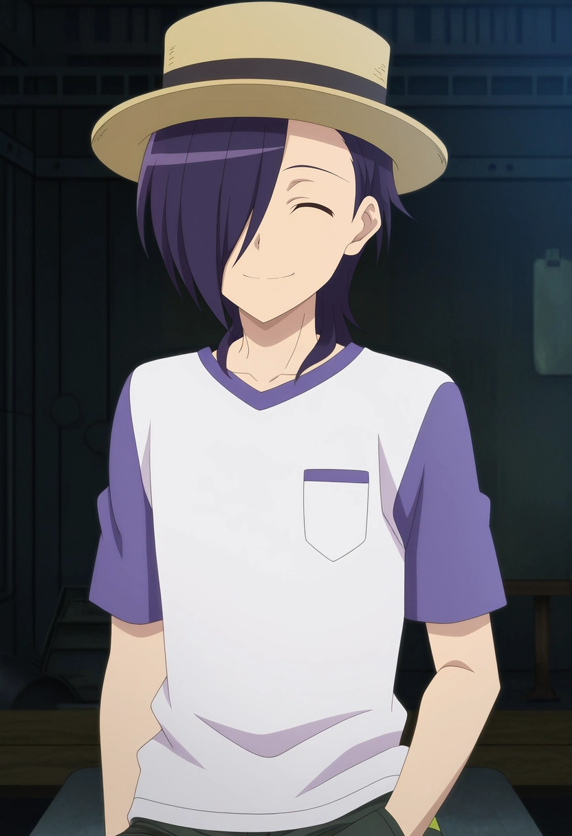masterpiece, best quality, , anime screencap, anime coloring, official style, looking at viewer, 1boy, solo, male focus, <lora:hanzou_urushihara_ilxl:1>, hanzou_urushihara, purple hair, purple eyes, hair over one eye, short hair, , white shirt, raglan sleeves, cowboy shot, workshop, dark, the pose, (closed eyes:1.2), smile, Hiking shorts, Henley pocket T-shirt, , Boater hat,