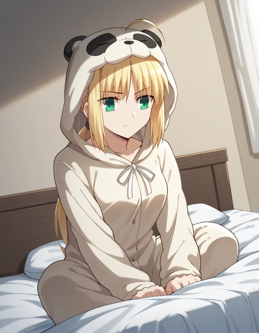 score_9, score_8_up, score_7_up, source_anime, <lora:artoria-pendragon-zero-ponyxl-lora-nochekaiser:1>, artoria pendragon, artoria pendragon (fate), saber, long hair, blonde hair, green eyes, ponytail, ahoge, medium breasts,, <lora:kigurumi-ponyxl-lora-nochekaiser:1>, kigurumi, animal hood, animal costume, cosplay, rabbit costume, dragon costume, bear costume, dinosaur costume, sheep costume, cat costume, dog costume, panda costume, tiger costume,, indoors, bed, bed room, sitting, , dutch angle, cowboy shot