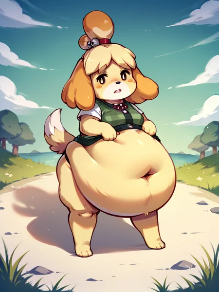 score_9, score_8_up, score_7_up, score_6_up, score_5_up, score_4_up, 1girl   full body, looking at viewer, full body, isabelle \(animal crossing\), dog girl, yellow fur, animal nose, <lora:spsaggyBellyXLPony:1> saggy belly, big belly,