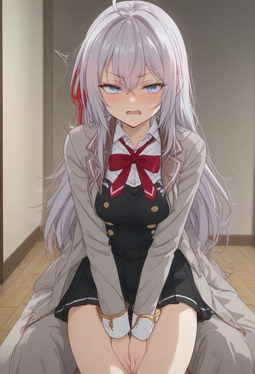 alya, different perspectives, embarassed, ashamed, showing thighs, solid color as background