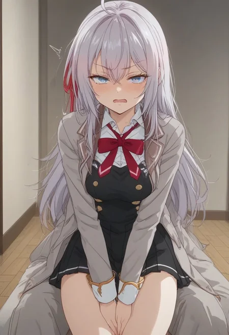 alya, different perspectives, embarassed, ashamed, showing thighs, solid color as background