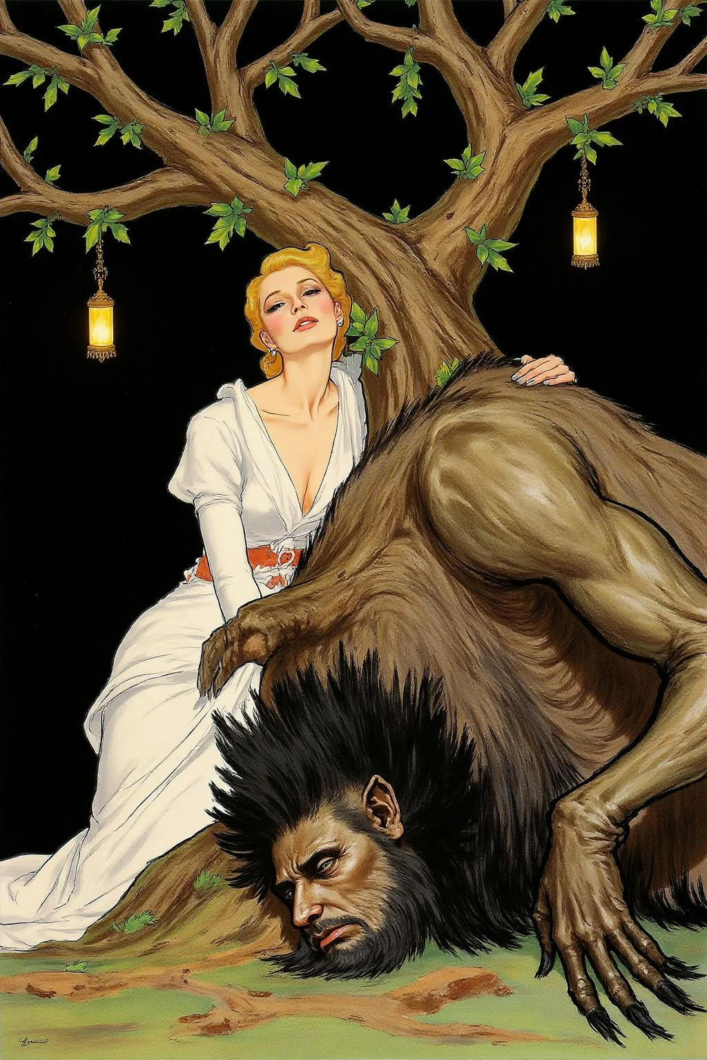 regr1 sketch
A beautiful woman and a sleeping demon. The woman sits gracefully under a sprawling tree with lush, curving branches and hanging vines. Her expression is calm and serene as she gazes thoughtfully into the distance. Resting his head gently on her lap is a large demon with a powerful, otherworldly presence. The demon, though fearsome in size, appears vulnerable as he lies beside her. His skin has a muted, earthy tone, and his features--sharp and beastly--are softened by a look of weary contentment. His claws are retracted, and he exudes a mixture of strength and peace in her presence. The tree's twisted branches arc above them, framing the scene like a natural canopy. Golden lamps hang from the tree, casting warm, soft light, illuminating the two figures in a magical glow <lora:regr1_fashion_nocap_d6a3:1.0><lora:807308901079876567:0>