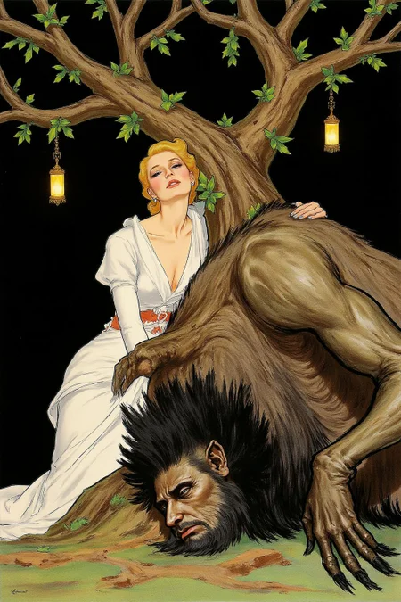 regr1 sketch
A beautiful woman and a sleeping demon. The woman sits gracefully under a sprawling tree with lush, curving branches and hanging vines. Her expression is calm and serene as she gazes thoughtfully into the distance. Resting his head gently on her lap is a large demon with a powerful, otherworldly presence. The demon, though fearsome in size, appears vulnerable as he lies beside her. His skin has a muted, earthy tone, and his features--sharp and beastly--are softened by a look of weary contentment. His claws are retracted, and he exudes a mixture of strength and peace in her presence. The tree's twisted branches arc above them, framing the scene like a natural canopy. Golden lamps hang from the tree, casting warm, soft light, illuminating the two figures in a magical glow <lora:regr1_fashion_nocap_d6a3:1.0><lora:807308901079876567:0>
