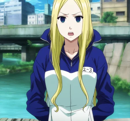 sharp focus, pixiv masterpiece, score_9, score_8_up, source_anime, score_7_up, best quality, high res, absurd res, BREAK
<lora:Nino_arakawa_under_the_bridge_illu_v33-000017:1>,nino_arakawa_il, (1girl, solo:1.5), blonde_hair, blue_eyes, blue_white_tracksuit, number_tag, long_hair, (anime_screencap:1.1), talking, centered, riverside, hands_in_pockets, upper body, slightly annoyed, talking