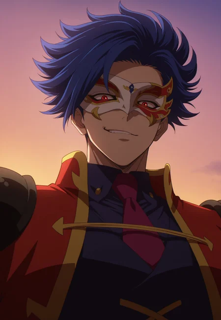masterpiece,best quality,amazing quality, detailed details, shaded, detailed shading, detailed skin, shaded skin, realistic shading, countershading:1.1, outdoors, evening, low angle view, close-up, upper body, 1boy, solo, looking at viewer, smirk, adam_(sk8), red eyes, blue hair, Adam_s, spicked hair, mask