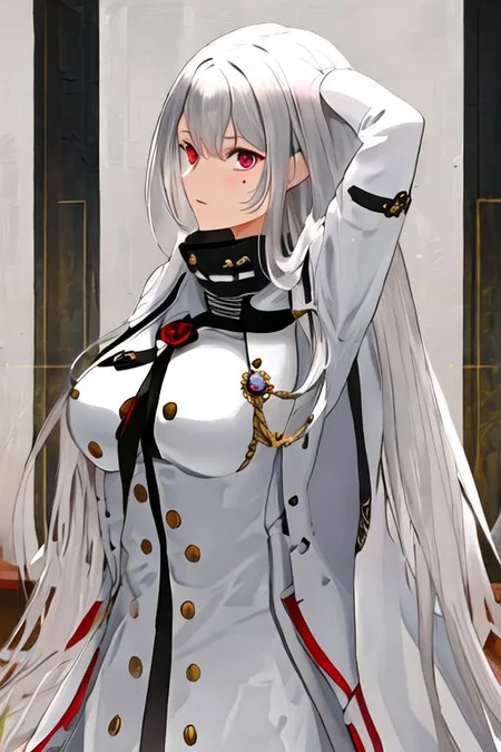 solo_focus, 1girl, (((masterpiece))), ((best quality)), ((ultra-detailed)), high resolution, absurdres, highres, ultra-detailed 8k unity wallpaper,
sovetskaya_rossiya_azurlane, long_hair, hair_between_eyes, red_eyes, breasts, large_breasts, mole, white_hair, mole_under_eye, bangs, blush, grey_hair, very_long_hair