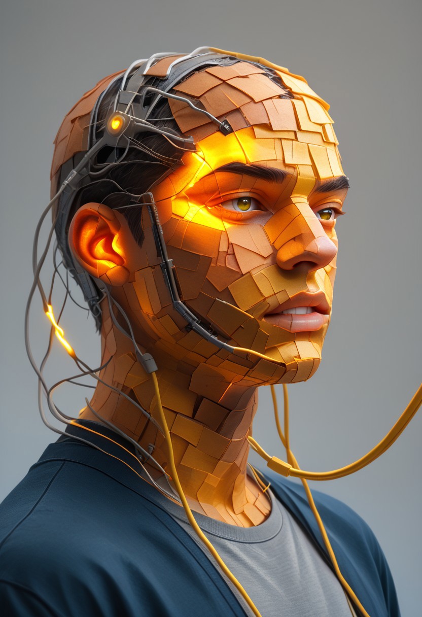 end_tripwire_morph, an electrical cable sculpture of a man that's made of electrical cables, solo, male focus, 1boy, electricity, glowing, portrait, colored skin, grey background, teeth, simple background, yellow eyes, skin made of electrical cables, clothing made from electrical cables, floating, indoors, wires, made of wires, cables, outlined with wires, wire sculpture, neon wire sculpture, gradient overlay, PonyXLV6_Scores