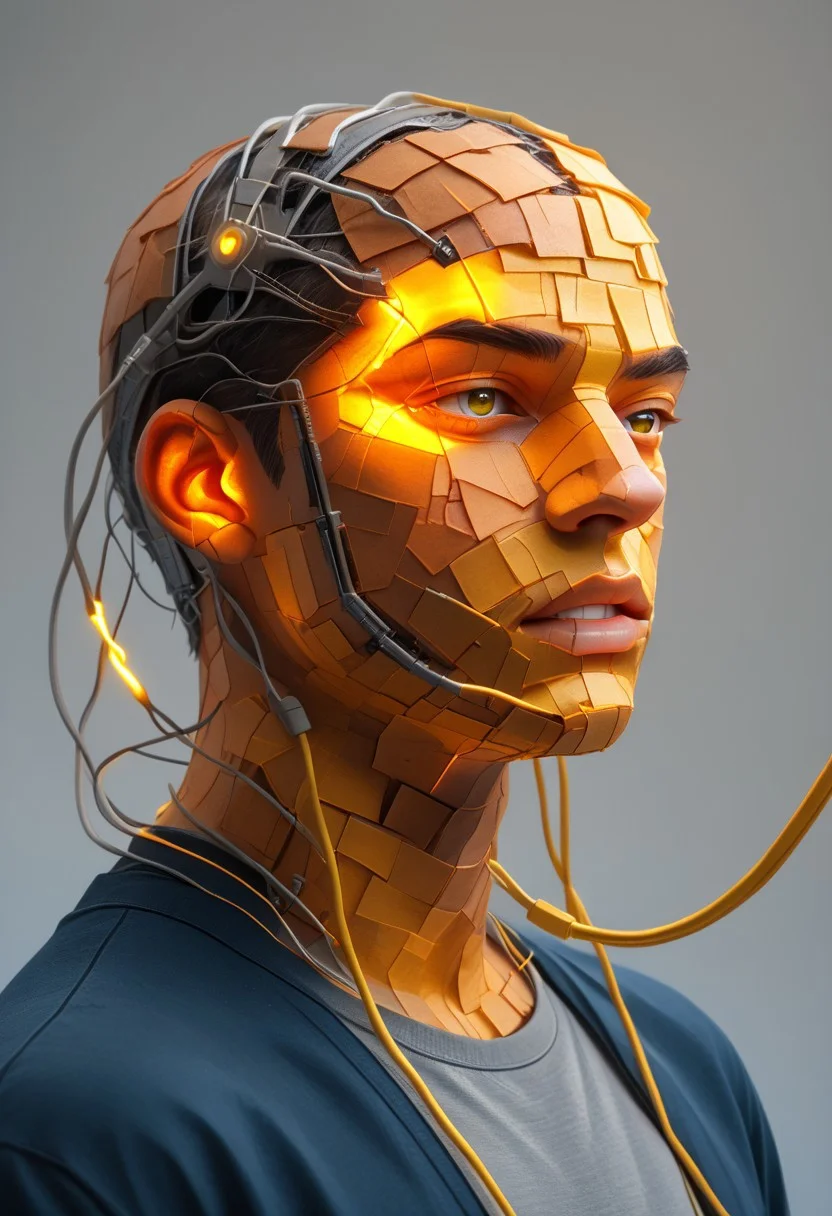 end_tripwire_morph, an electrical cable sculpture of a man that's made of electrical cables, solo, male focus, 1boy, electricity, glowing, portrait, colored skin, grey background, teeth, simple background, yellow eyes, skin made of electrical cables, clothing made from electrical cables, floating, indoors, wires, made of wires, cables, outlined with wires, wire sculpture, neon wire sculpture, gradient overlay, PonyXLV6_Scores