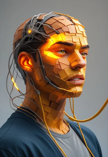 end_tripwire_morph, an electrical cable sculpture of a man that's made of electrical cables, solo, male focus, 1boy, electricity, glowing, portrait, colored skin, grey background, teeth, simple background, yellow eyes, skin made of electrical cables, clothing made from electrical cables, floating, indoors, wires, made of wires, cables, outlined with wires, wire sculpture, neon wire sculpture, gradient overlay, PonyXLV6_Scores