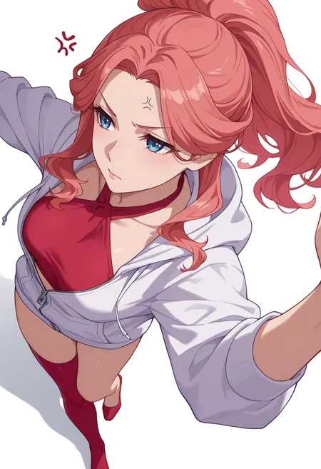 Smooth Quality,masterpiece,very intricate, high quality details, ultra realistic, high detailed skin,detailed enviorement,absurdres,
simple background, white background,solo,
from above,anger vein,dancing,
<lora:Gyokuyou_CNR:0.8> gyokuyou_cnr, 1girl, red hair, pink hair, blue eyes, long hair,halter top, ,zip-up hoodie, ,single leg thighhigh, ,