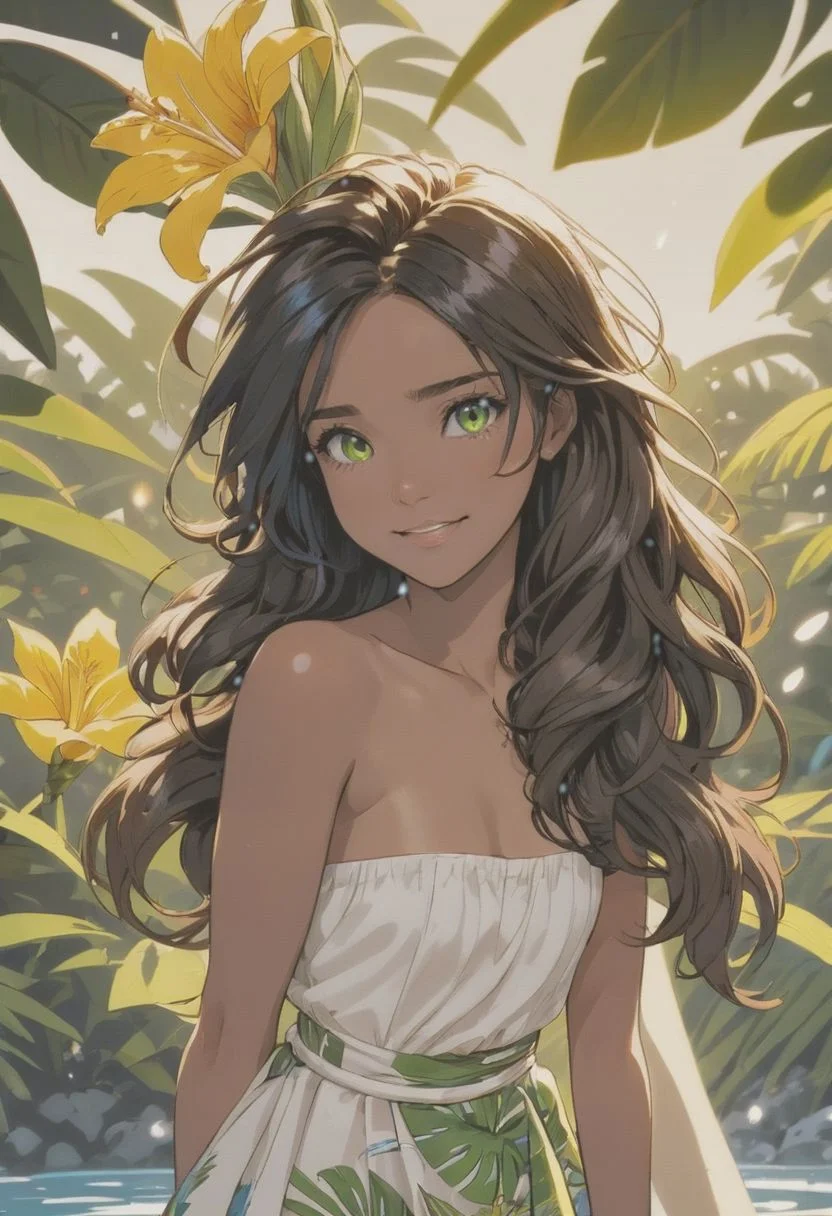 a beautiful (((black haired girl,))) very long messy hair, beautiful detailed deep brown eyes, (((brown skin))), tan skin, (hawaiian), cute and beautiful face, relaxed smile, medium breasts, hawaiian clothes, cropped green cotton tube top, flowing blue flower print sarong skirt, barefoot, toned midriff, blue tropical flower in her hair, brown rope bracelet, yellow flower necklace, full body view, colorful,
(masterpiece:1.2), (best quality:1.2), ultra-detailed, best shadow, detailed background, high contrast, (best illumination, an extremely delicate and beautiful), ((cinematic light)), hyper detail, dramatic light, intricate details, 8k, anime, very aesthetic,playing in the water, beautiful hawaiian beach, sparkling blue ocean, gentle waves, white sand, fluffy clouds in the sky, bright sun, summer season, flower petals blowing in the wind, coconut trees in the background, breezy weather, natural lighting, bright lighting, noon time, skirt blowing in the wind, hair blowing in the wind, hawaiian beauty, beautiful smile, happy, laugh, blush, outdoors