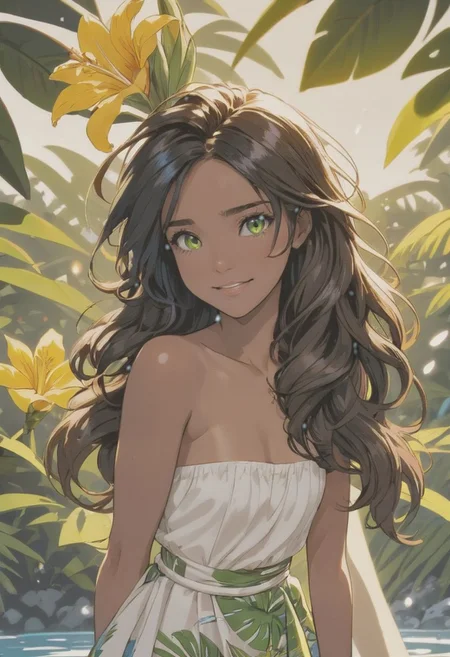 a beautiful (((black haired girl,))) very long messy hair, beautiful detailed deep brown eyes, (((brown skin))), tan skin, (hawaiian), cute and beautiful face, relaxed smile, medium breasts, hawaiian clothes, cropped green cotton tube top, flowing blue flower print sarong skirt, barefoot, toned midriff, blue tropical flower in her hair, brown rope bracelet, yellow flower necklace, full body view, colorful,
(masterpiece:1.2), (best quality:1.2), ultra-detailed, best shadow, detailed background, high contrast, (best illumination, an extremely delicate and beautiful), ((cinematic light)), hyper detail, dramatic light, intricate details, 8k, anime, very aesthetic,playing in the water, beautiful hawaiian beach, sparkling blue ocean, gentle waves, white sand, fluffy clouds in the sky, bright sun, summer season, flower petals blowing in the wind, coconut trees in the background, breezy weather, natural lighting, bright lighting, noon time, skirt blowing in the wind, hair blowing in the wind, hawaiian beauty, beautiful smile, happy, laugh, blush, outdoors