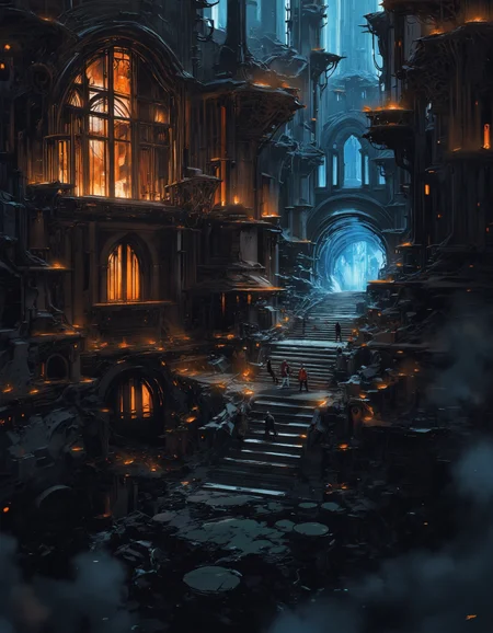 Art by Alejandro Burdisio. A digital illustration shoot from a bird's eye view about a futuristic interior scene depicting a grand, dimly lit cathedral with intricate architecture and glowing windows. the image also shows a dramatic, ethereal atmosphere. on the left side of the image, a group of people are standing on a set of stairs leading up to the grand hall, illuminated by the warm glow of the candles. the hall is surrounded by tall, arched windows with glowing orange and blue light, creating a sense of depth and dimensionality. the architecture is intricately designed with a mix of dark and light tones, and the atmosphere is eerie and mysterious. the stairs lead up to a large, ornate doorway, which is partially obscured by the glowing windows, adding to the sense of grandeur and opulence of the cathedral. the scene is set against a dark, foggy background, with a blue, almost ethereal glow emanating from the windows, and a puddle of water at the bottom of the stairs, reflecting the light and creating a surreal, dreamlike quality to the image.