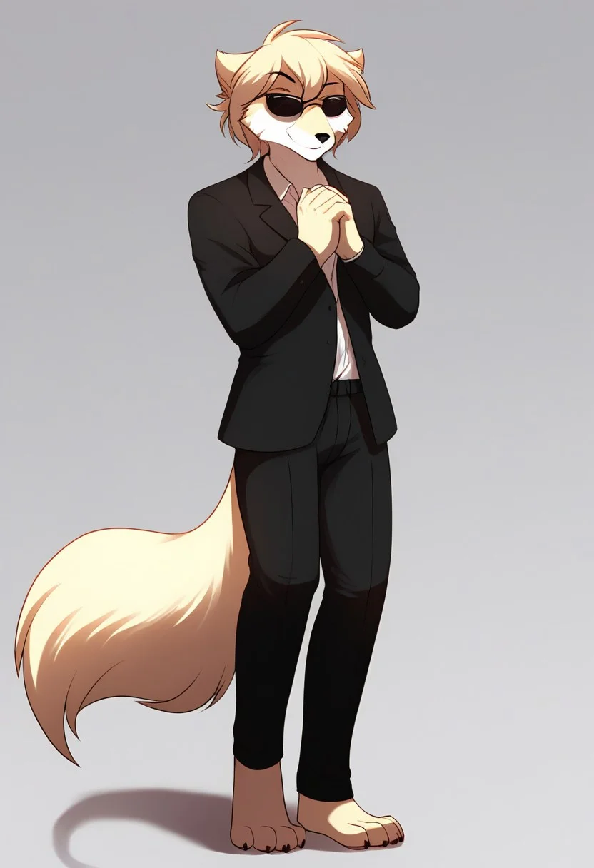 score_9, score_8_up, score_7_up, score_6_up,source_furry, rating_explicit, solo, solo focus, male, 1boy, standing, beautiful, black trousers, The spy's black jacket, black sunglasses, important expression, hands folded down, looking at viewer, fluffy tail, office, detailed background, kathrin-twokinds, detailed, perfect fingers, five fingers, detailed, high quality, 4K, front view, front side, full body