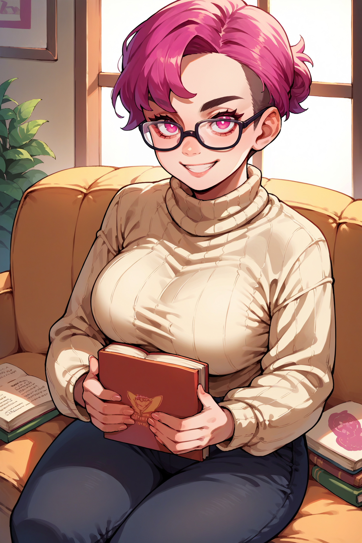 score_9, score_8_up, score_7_up, score_6_up, source_anime, 1girl, solo, <lora:pmtyg-pdxl-nvwls-v1-000005:1> pmtyg, pink hair, short hair, pink eyes, large breasts, beige sweater, turtleneck, black pants, glasses, smile, sitting, holding book, looking at you, couch