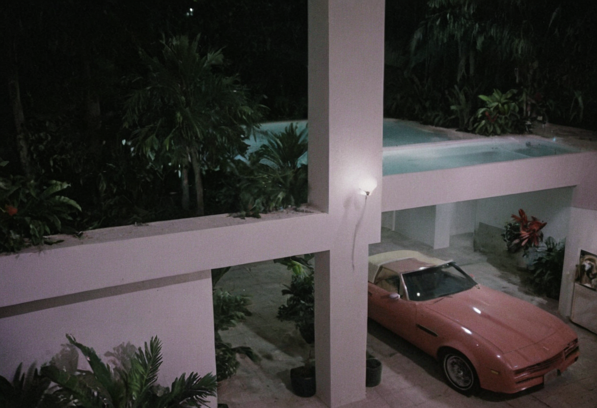 analog film photo MiamiVice, indoors . faded film, desaturated, 35mm photo, grainy, vignette, vintage, Kodachrome, Lomography, stained, highly detailed, found footage