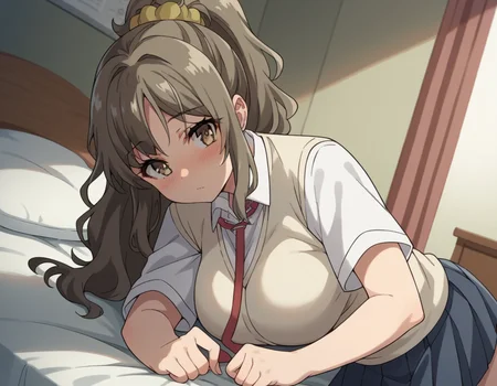score_9, score_8_up, score_7_up, source_anime,
riofutaba, <lora:rio-futaba-s1-ponyxl-lora-nochekaiser:1>
rio futaba, long hair, brown hair, brown eyes, large breasts,
shirt, hair ornament, school uniform, white shirt, ponytail, short sleeves, necktie, scrunchie, red necktie, hair scrunchie, skirt, pleated skirt,
indoors, bed, bed room, on side, blush, drunk,
looking at viewer, cowboy shot, dutch angle, solo,