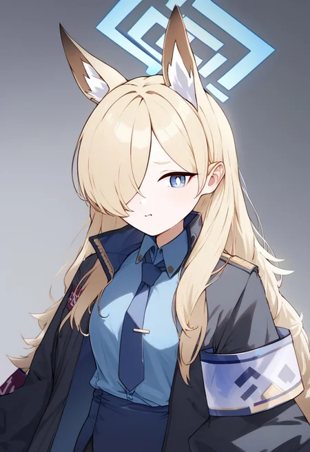 kosubi, score_9, score_8_up, digital media, solo,1girl, silk clothing, reflective clothing, shiny clothing, cowboy shot, kanna (blue archive), animal ears, blonde hair, animal ear fluff, halo, hair over one eye, long hair, blue eyes, extra ears, dog ears, black gloves, black jacket, long sleeves, blue shirt, collared shirt, open jacket, blue necktie, armband, black pantyhose, blue skirt, tie clip