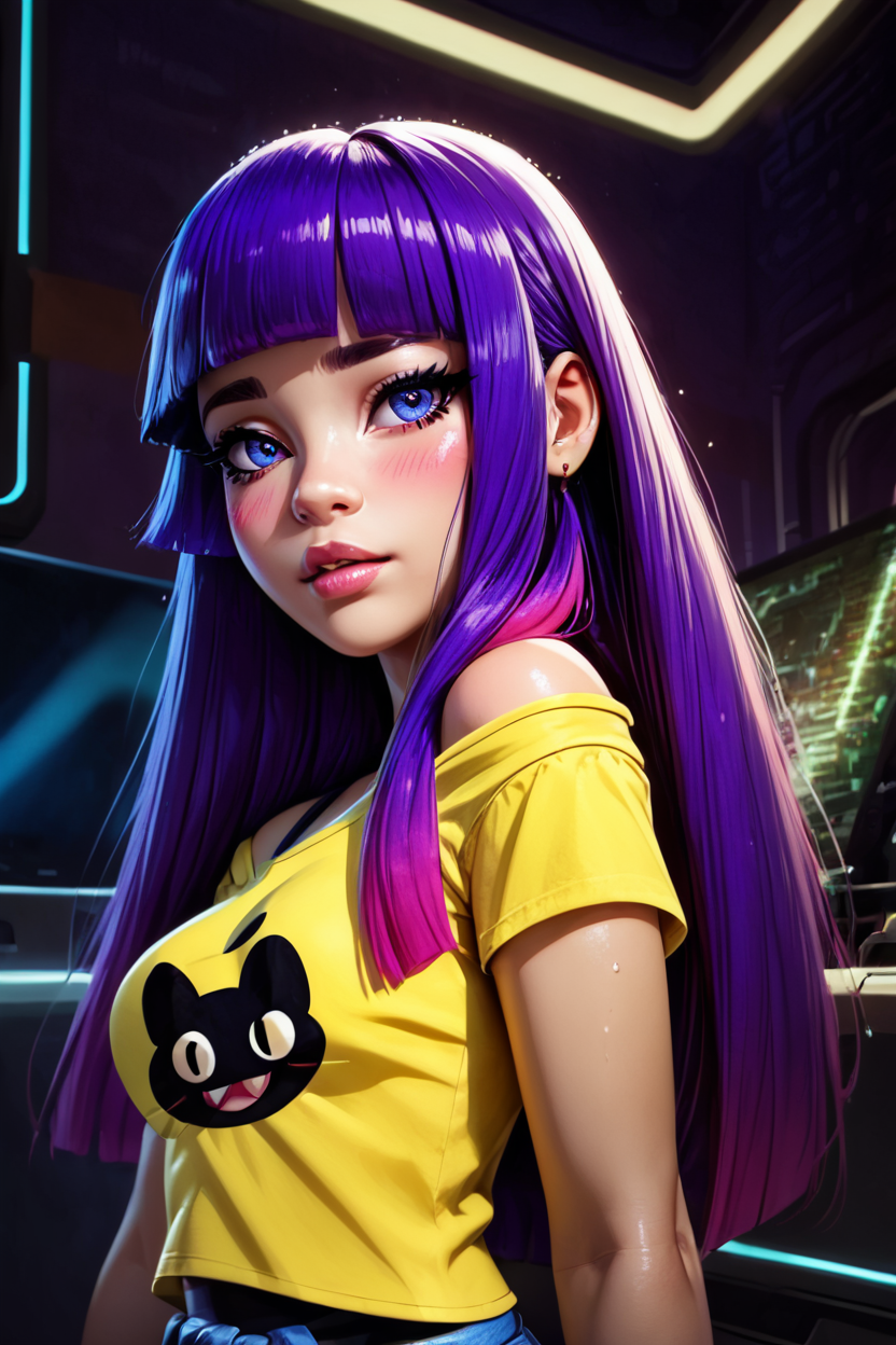 score_9, score_8_up, score_8, medium breasts, (curvy), cute, eyelashes,       BREAK, ,  ,,, zzMiko, long hair, purple hair, blunt bangs, multicolored hair, yellow shirt, short sleeves, t-shirt, print shirt, off shoulder, animal print, jewelry, purple pants, blue jacket around waist,  <lora:MikoKubota_PDXL_v2:1.0>,  ,,,  , BREAK,  (ultra realistic,32k, masterpiece:1.2),(high detailed skin:1.1),( high quality:1.1), curvy, head tilt, hearts, blush, lips, closed mouth, curvy, head tilt, shiny clothes, (upper body), looking at viewer, bokeh, luminescent background, ,,, embedding:zPDXL, Expressiveh, ,,, <lora:RlAnmPDXL:1.0>,