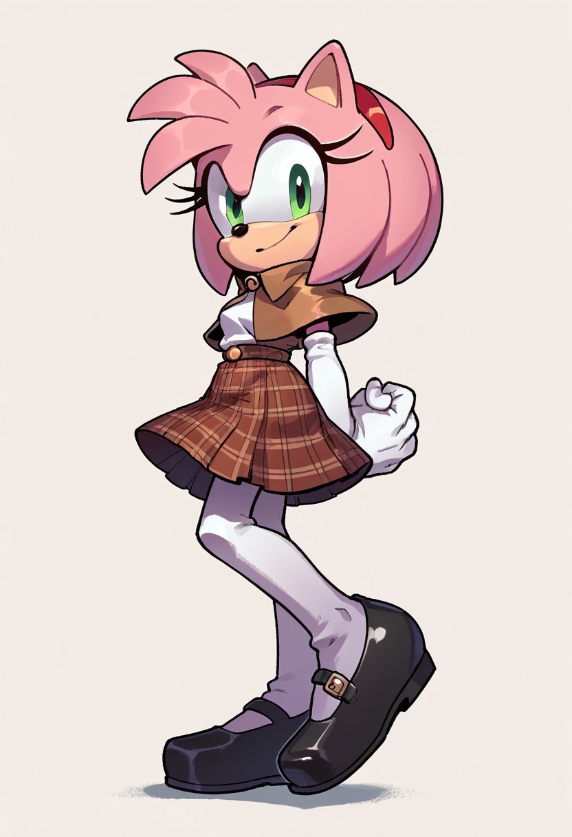 score_9, score_8_up, score_7_up, score_6_up, score_5_up, score_4_up, 1girl, full body, solo,
<lora:EvanStan-18:0.9> evnstnly, furry, amy rose, pink fur, green eyes, small breasts, amateur detective, brown capelet, white shirt, elbow gloves, white gloves, brown plaid skirt, pleated skirt, white tights, cotton tights, black shoes, mary janes, standing, smiling, arms at sides, legs together