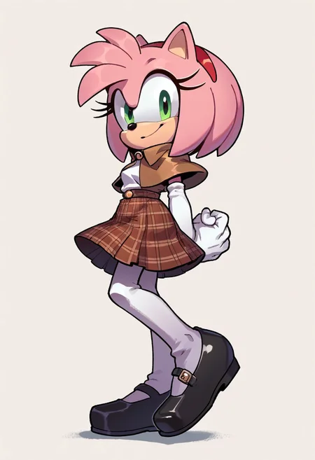 score_9, score_8_up, score_7_up, score_6_up, score_5_up, score_4_up, 1girl, full body, solo,
<lora:EvanStan-18:0.9> evnstnly, furry, amy rose, pink fur, green eyes, small breasts, amateur detective, brown capelet, white shirt, elbow gloves, white gloves, brown plaid skirt, pleated skirt, white tights, cotton tights, black shoes, mary janes, standing, smiling, arms at sides, legs together