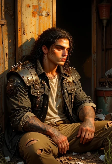 score_9, score_8_up, score_7_up, best quality, fine detail, digital painting, 1boy, solo, long curly wet black hair, muscular, black leather jacket with spikes, shoulder pad, handsome, sitting on the ground, wearing ripped jeans, wrinkled clothing, worn out tattered clothing, relaxing, carefree, melancholy, very detailed background, gritty, amber lighting, deep shadows, vivid detail, interesting composition, 8K, UHD, goonguy