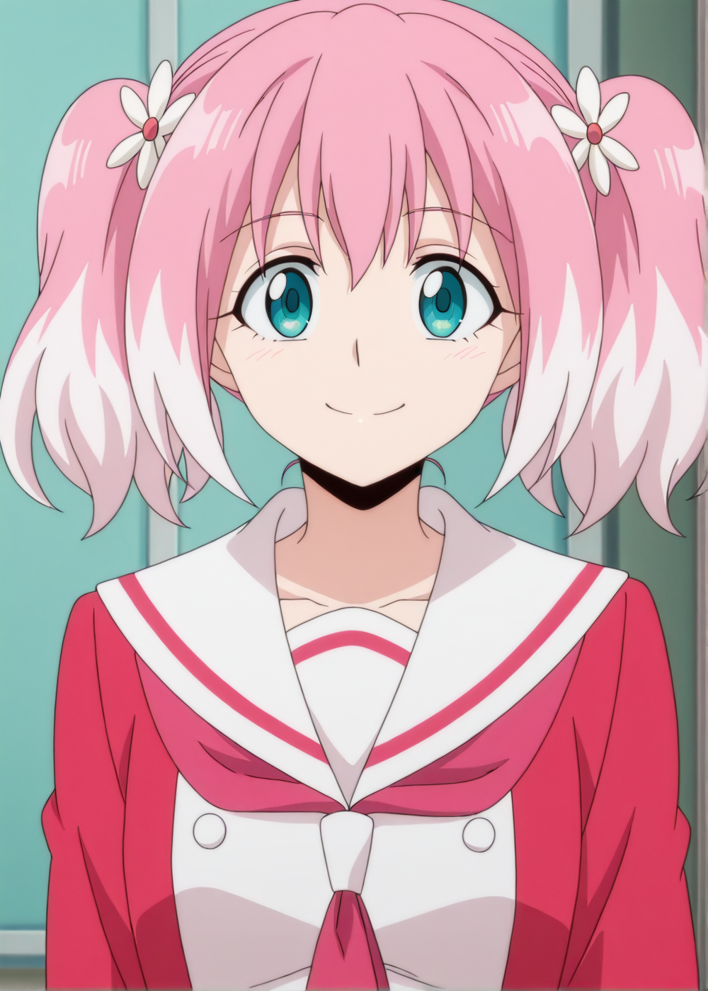 NanaH, turquoise eyes, anime, anime coloring, anime screenshot, anime screencap, stockings, white stockings with pink patterns, sailor collar, pink shape, sailor red tie, 1girl, solo, school uniform, twintails, pink hair, hair ornament, shoes, hair flower, flower, white thighhighs, smile, close up face
