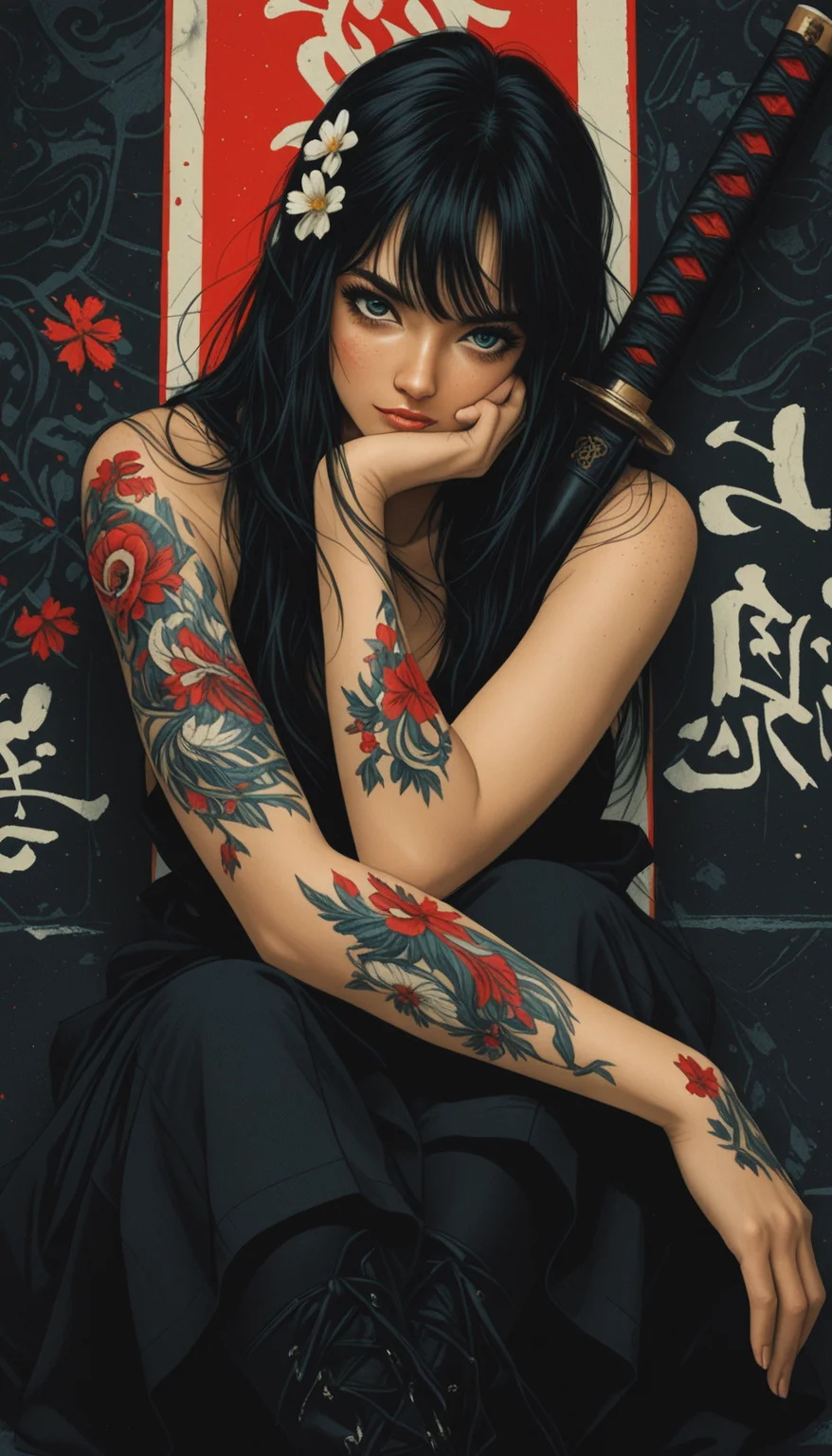 masterpiece,
high_quality, highres, detailed_eyes, detailed, masterpiece, best quality, absurdres, 8k, HDR, face_focus, high quality, very_awa, newest, absurdres, highres, depth_of_field, realistic_skin,
pinkretroanime, retro art,
Jeddtl02,
p0nyd1sney1ncasev1x0n2, very aesthetic, detailed face, (dynamic:1.2), stylized, illustration, dynamic pose,nsfw, girl, tall body, slender body, fit body, long legs, deep cleavage, (freckles on the face:1.25), Title: "The Tattooed Empress" Prompt: Create a striking portrait of a young woman with an expressive face, exuding a rebellious yet poised demeanor. She has long black hair and striking blue eyes that mirror the intensity of her tattoos. Her attire is edgy and chic, with visible ink on both arms, one notably featuring Japanese symbols on her left arm. She wears a dark, sleeveless top and a pair of distinctive round sunglasses, adding an air of mystery to her persona. Her right hand is adorned with multiple small tattoos, enhancing the overall aesthetic of her appearance. The background features a vibrant Japanese-style design with red and white geometric patterns that complement the theme of traditional Japanese art. The color palette should be dominated by shades of dark red, black, and white, creating an atmosphere of intrigue and strength. Camera angle: Low angle shot from the front, looking up at the woman to emphasize her powerful gaze., 1girl, solo, long hair, looking at viewer, smile, bangs, blue eyes, skirt, black hair, hair ornament, bare shoulders, sitting, closed mouth, weapon, flower, boots, japanese clothes, sleeveless, pants, sword, hand up, hair flower, kimono, holding weapon, black eyes, lips, fingernails, v-shaped eyebrows, grey eyes, torn clothes, bare arms, tattoo, feet out of frame, black pants, crossed legs, katana, white flower, sheath, hand on own face, knee up, head rest, sheathed, serious, eyebrows hidden by hair, realistic, nose, hand on own cheek, arm tattoo, scabbard, black kimono, hand on own chin, shoulder tattoo, weapon on back, chest tattoo, banner, arm rest, flower tattoo, head on hand, hand tattoo, hand rest