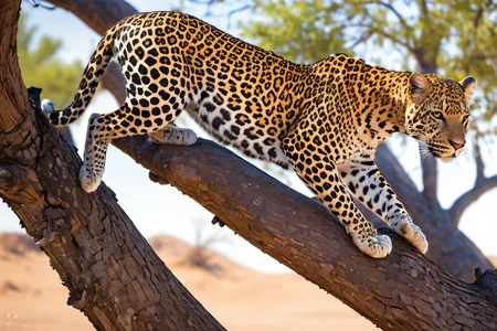 desert landscape (masterpiece, best quality:1.2), ultra-detailed, EdobLeopard leopard climbing a tree, (realistic:1.5), <lora:EdobLeopard_v1.0:0.8>