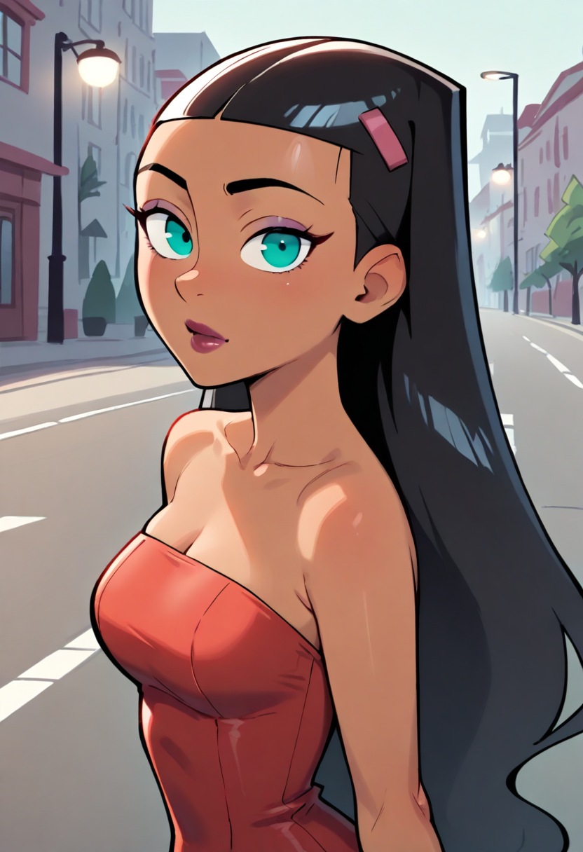 masterpiece,best quality,absurdres, looking at viewer, lights, close-up, 1girl, paulina sanchez, solo, black hair, aqua eyes, dark-skinned girl, make-up, red tube dress, strapless dress, sleevless dress, at sidewalk, street, buildings