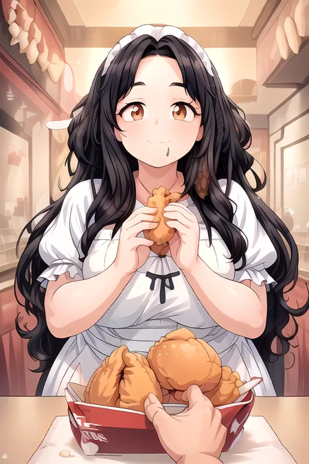 (masterpiece:1.4), high quality, high definition, sharp focus, detailed clothes, detailed body, detailed face, anime, best quality, 4k, 8k, absurd resolution, intricate detail, detailed hands, detailed eyes, animation, illustration, highly detailed, highres, extremely detailed, <lora:hyperdenoiser_v090:0.6>, <lora:perfetfingers:1>, OverallDetail, ah1, <lora:hyperrefiner_v090:0.6>, <lora:add_detail:1>, <lora:ETO_OCC002:0.7> ETO_OCC, black hair, (curly hair:1.5), long hair, thick eyebrows, (looking at viewer), (fat:1.5), (hazel eyes:1.5), (parted bangs:1.8), (1girl:1.4), skindentation, <lora:softservice:0.5> softservice, maid costume, full body, maid, maid headdress, maid apron, (sweet smile), (holding fried chicken), (girl with a hamburguer in her mouth), (detailed food:1.5), (food on mouth:1.5), (eating hamburguer), pov, (hands:1.4), (multiple hands feeding up 1girl:1.5), (feeding on girl:1.6), open mouth, tongue out, (multiple hambuguers:1.8), (multiple hands holding food:1.6), (girl surrounded by food:1.6), (pov hands:1.5), (multiple boys:1.6), (eating:1.5), (sucking:1.5), (licking:1.5), (feeding:1.5), (being feed up:1.5), (feed up by viewer:1.7), <lora:multiple_hands_v0.5:1>, (multiple_hands:1.4), (multiple hands:1.4), (solo focus), (too many hands feeding on hamburguers to girl:1.8), (a lot of hands holding food:1.8), (girl being feed on fried chicken:1.9), (group feeding on to girl:1.5), (french fries on cheeks:1.8), (french fries cheeks poking:1.7), (cheeks poking with french fries:1.8) <lora:è¯å¾·åº v2:0.8> kendeji, fried chicken, burger, kfc food, kfc bucket,
