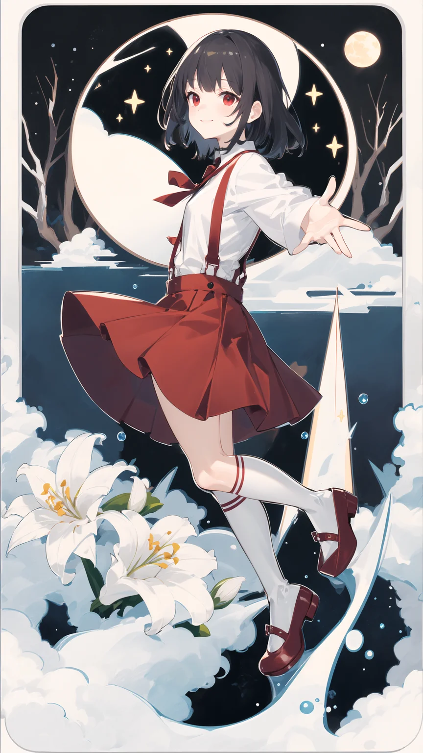 masterpiece, best quality, 1girl, solo, black hair, medium hair, red eyes, blunt bangs, petite, expressionless, red skirt, white legwear, suspender skirt, white shirt, mary janes, evil smile, night, starry sky, border, lily, moon, mountain, lake, white background, simple background, panorama, perspective, foreshortening, from top, from side, <lora:animetarotV41:1>, blue background