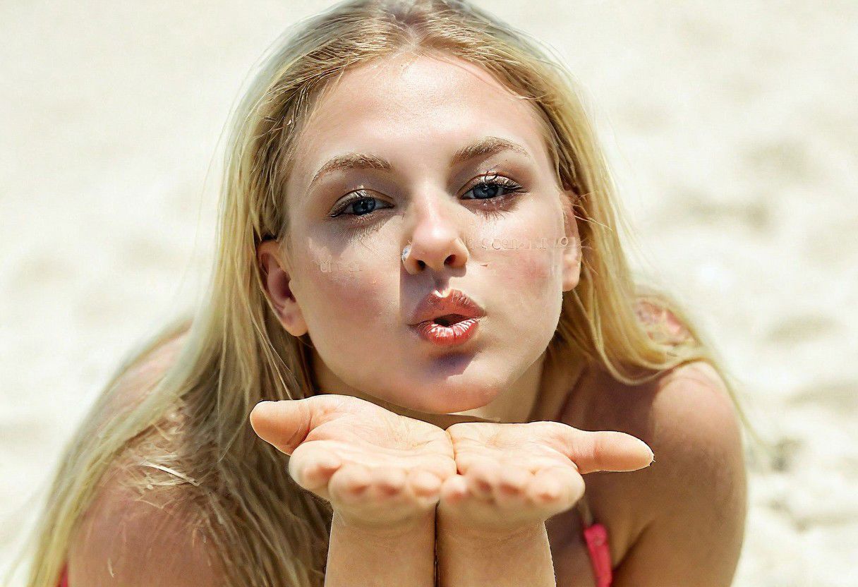 A beautiful blonde woman, lays on ona sandy beach looking at viewer, (Blowing A Kiss From Hand), Painstaking Attention To Details