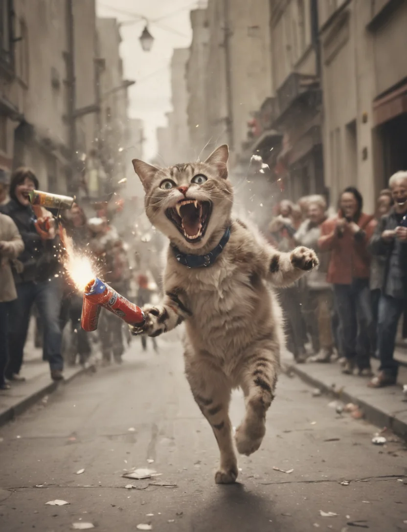 a action newspaper news-article about a evil maniacal laughing cat that is wearing a pouch is running down a busy street while (randomly (throwing:1.1) firecrackers:1.2) at (confused pedestrians:1.1), deep shadows, perfect composition, motion blur, fx, sepia, high res print,    <lora:- SDXL - stnerfx _Stoned_Fox_V4.0:.7>, <lora:SDXL - Slider - happy_sad:1>, <lora:SDXL - Slider - evil_villain:1>